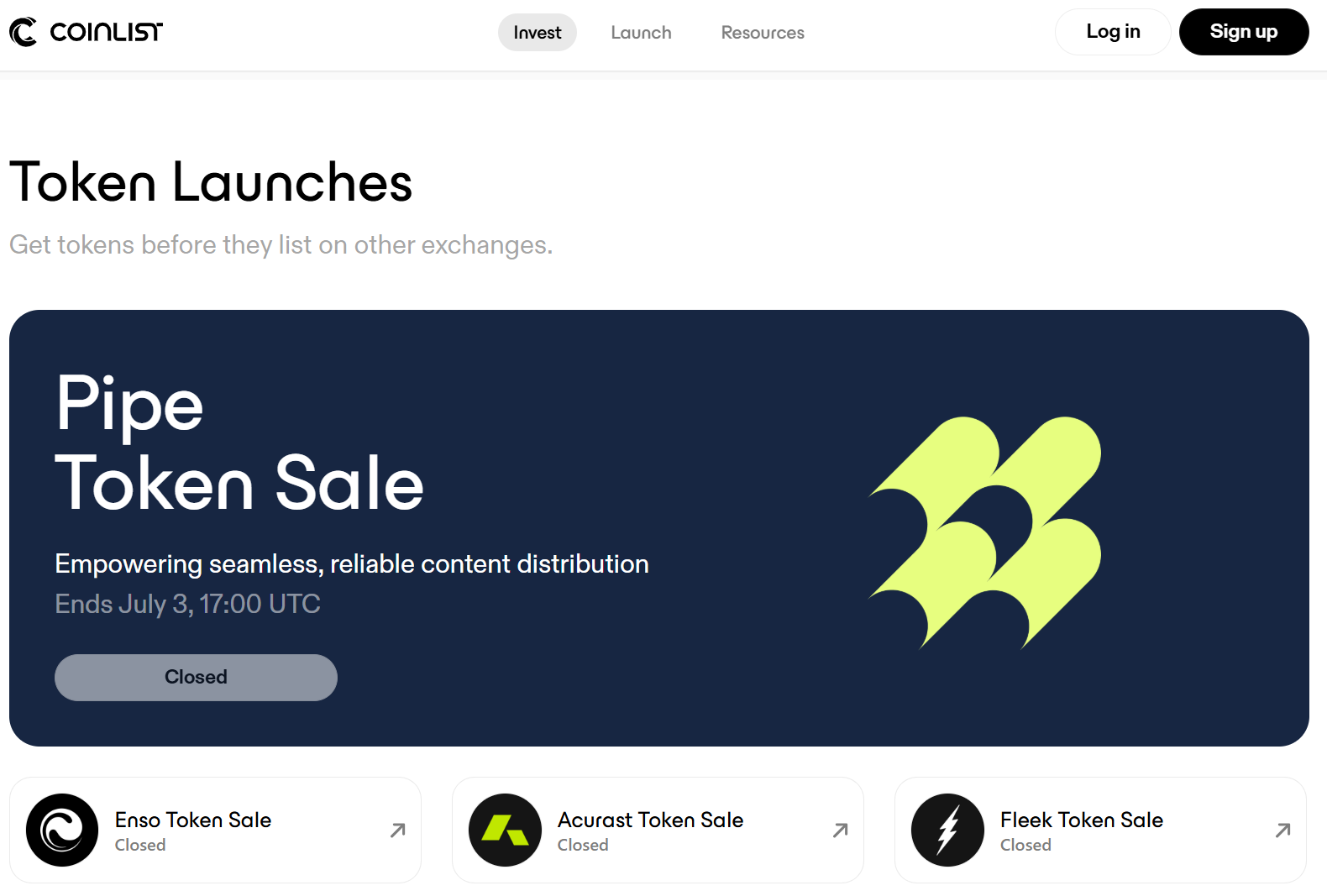 CoinList token launch dashboard showcasing active and closed token sales